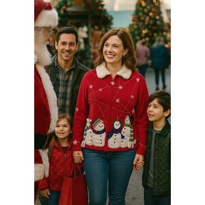 Vintage Red Snowmen‎ Holiday L Beaded Sweater Zipper Detachable FauxFur Collar